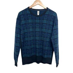 ED Women's Wool and Cashmere Tartan Green Plaid Print Crewneck Sweater, M